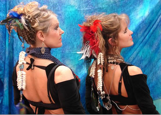 Janet and Val of the Mirage Trio Model their New Custom Cowry Shell Hair Falls
