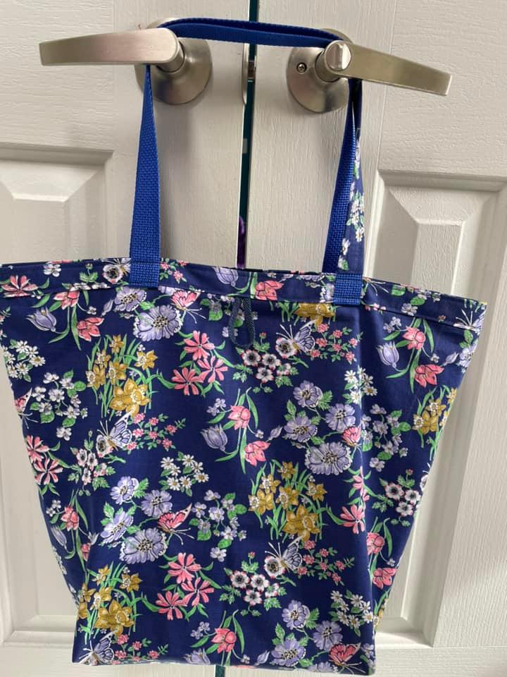 Large Shopping Tote in Vintage Floral fabric with blue background