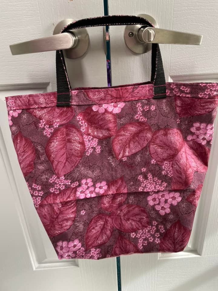 Large Shopping Tote in leafy pink floral fabric with maroon background