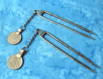 Silver Double Prong Hair Sticks with Coins